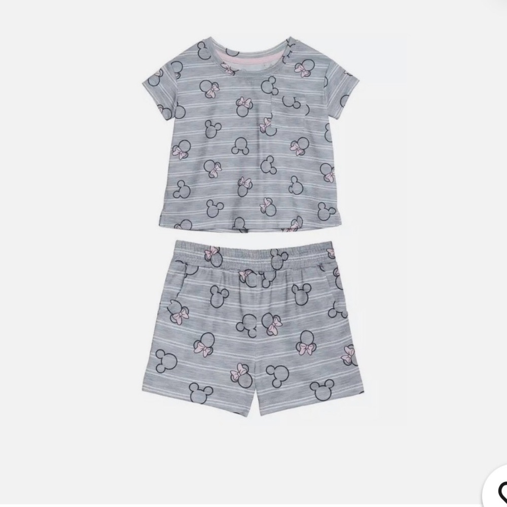 Disney Gray Minnie Mouse Short Pajama Set with Pink Bow Accents